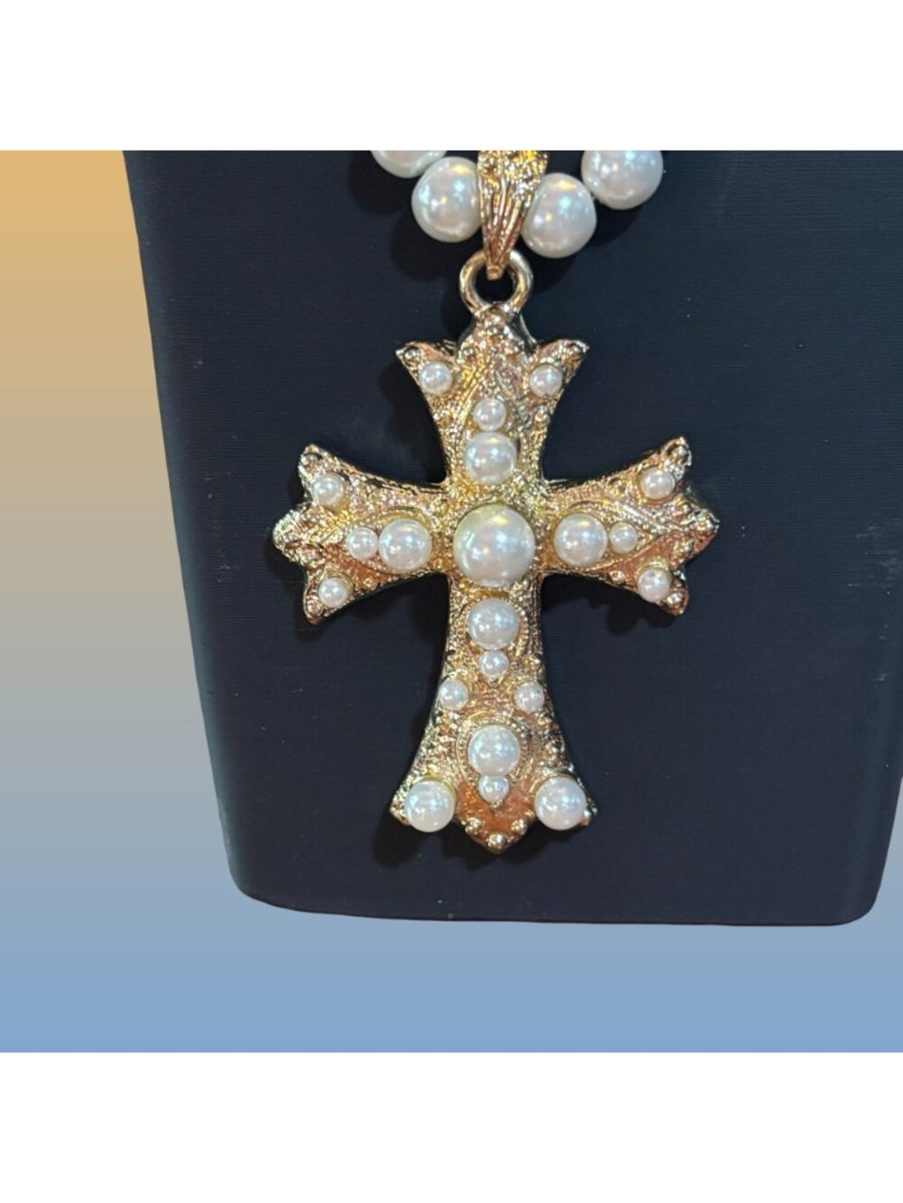Faux Pearl Gold Tone Rhinestone Cross Necklace Gothic Statement Vintage Style - Picture 3 of 8